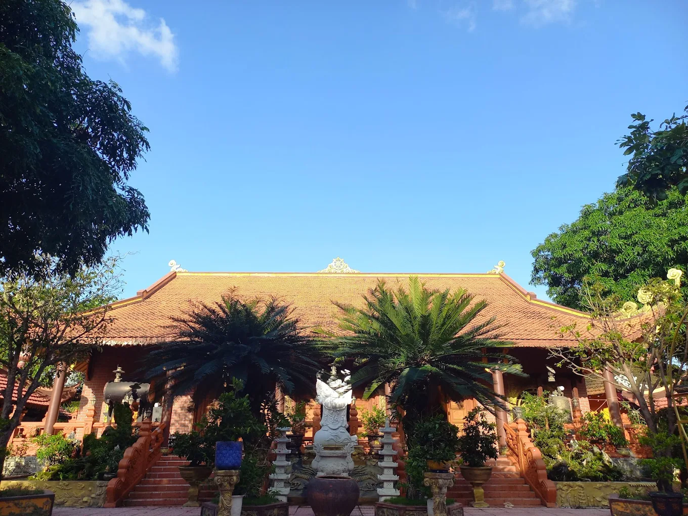 Ánh nắng chiếu rọi lên mái ngói đỏ tươi và cây cối xanh mát tạo nên khung cảnh nhẹ nhàng, dễ chịu.